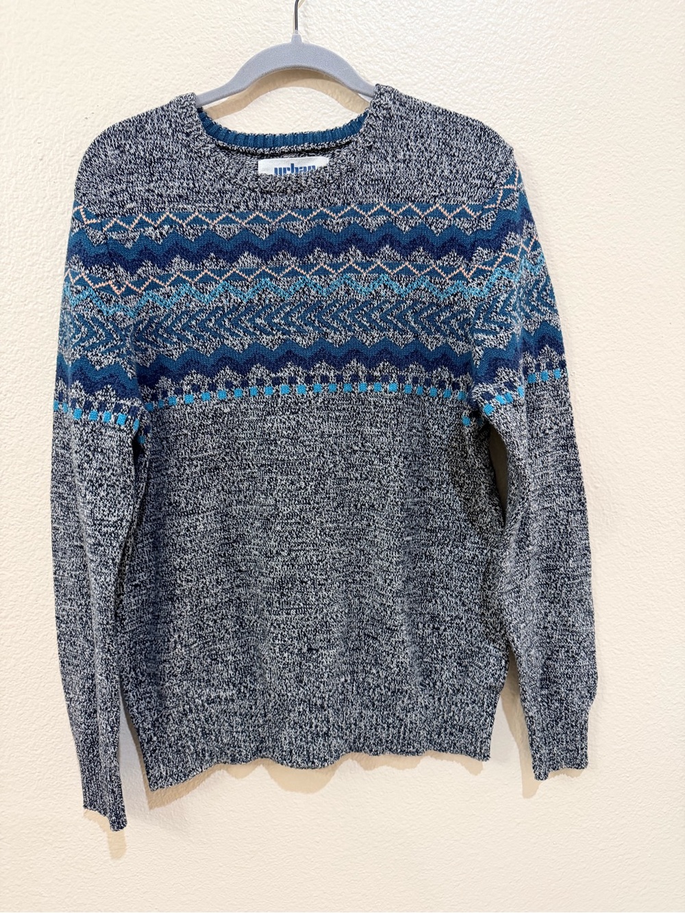 Urban Pipeline Men's Size Large Sweater Fair Isle Knit Crewneck Gray Blue Teal